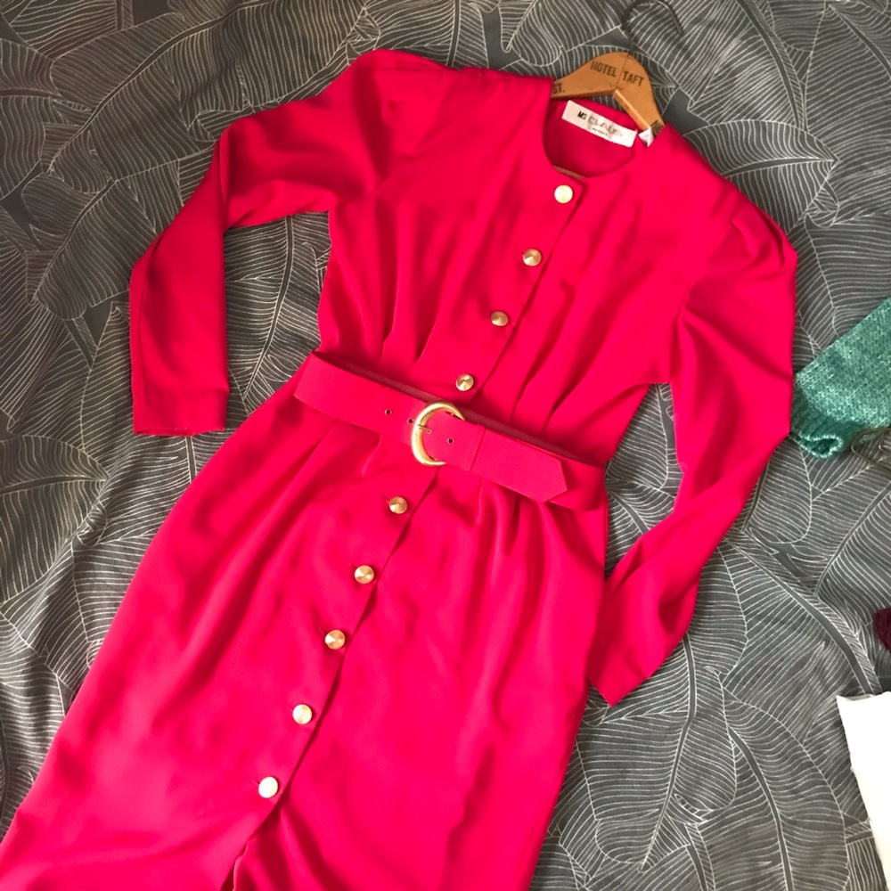 [Vintage] Ms Chaus Hot Pink Dress w Matching Belt - Picture 2 of 8
